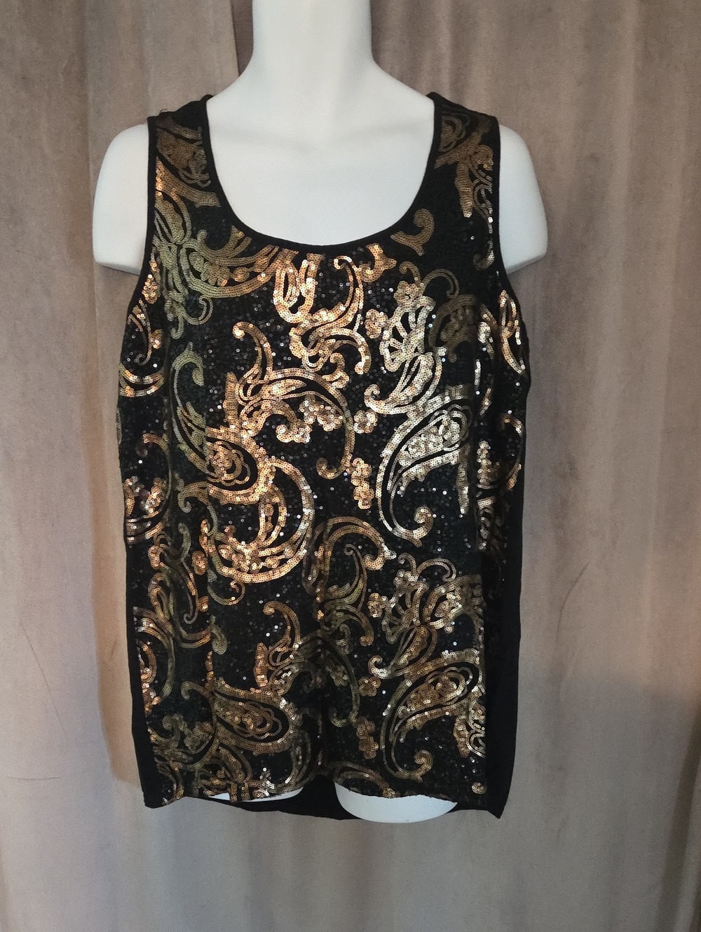 Penningtons X Black Tank Top with Gold Sequin Swirl Design